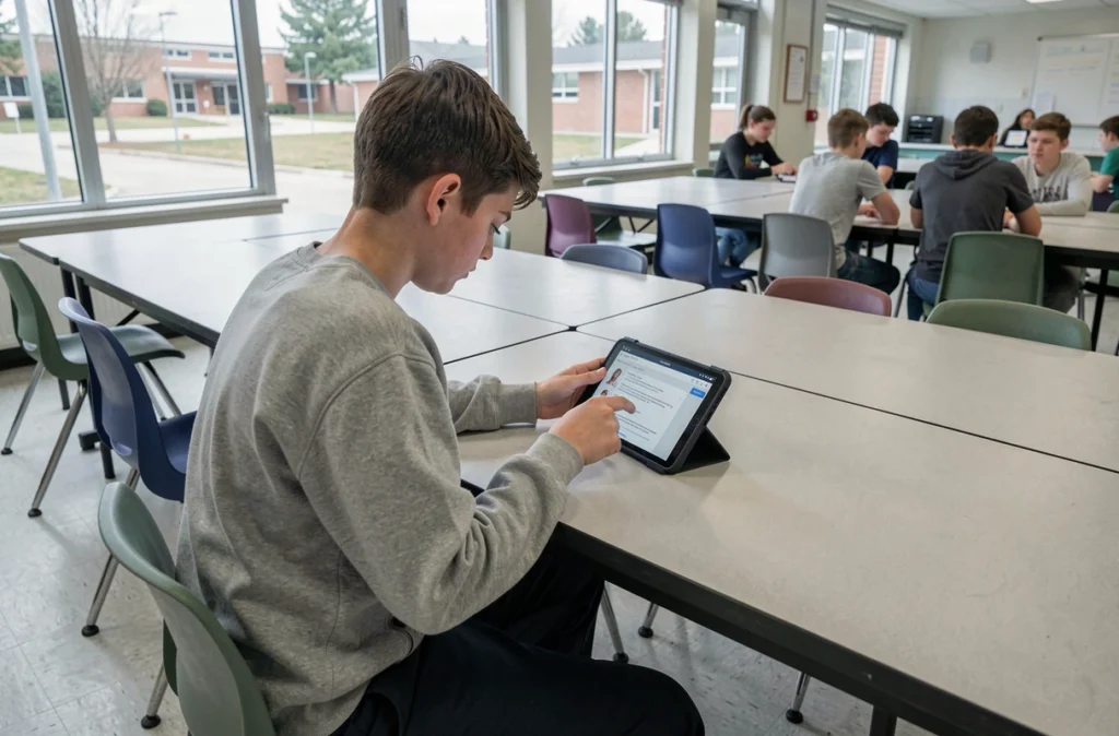 Adolescent vérifiant ses devoirs sur tablette via l'ENT dans une salle commune de collège