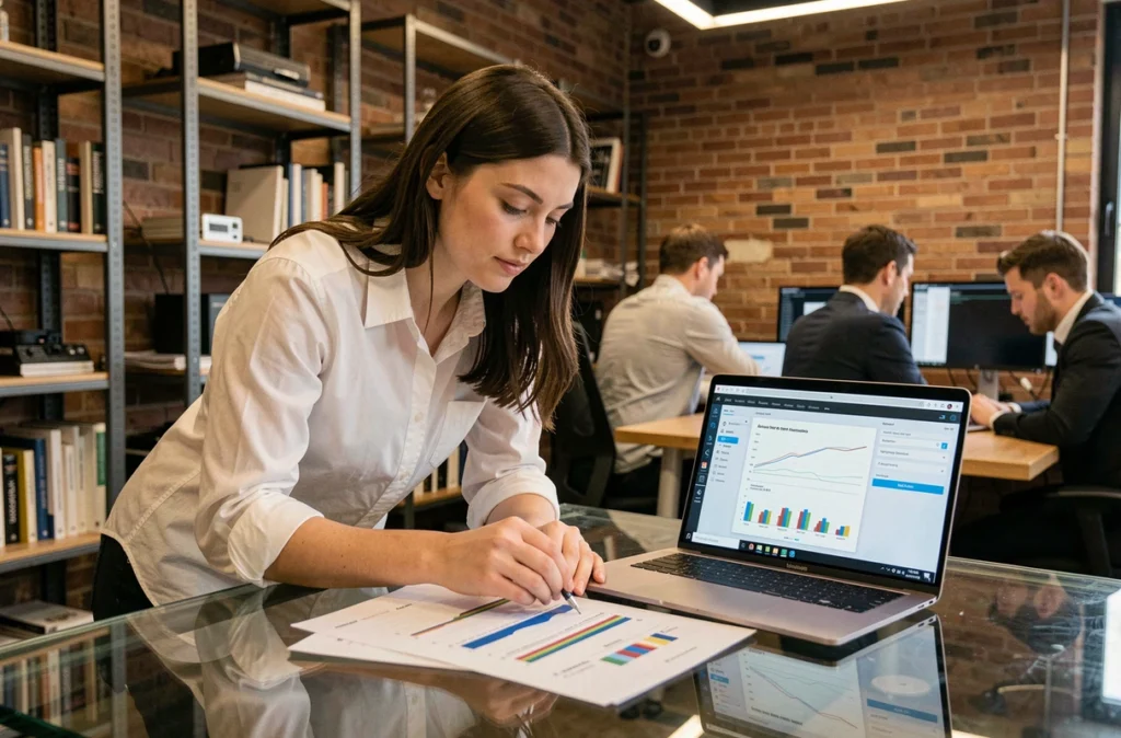 Jeune femme analysant des résultats de benchmark Windows 11 sur un ordinateur portable dans un espace de coworking