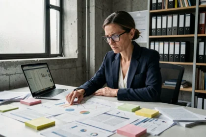 Femme analyste en blazer marine étudiant des documents complexes sur un bureau encombré dans un bureau moderne