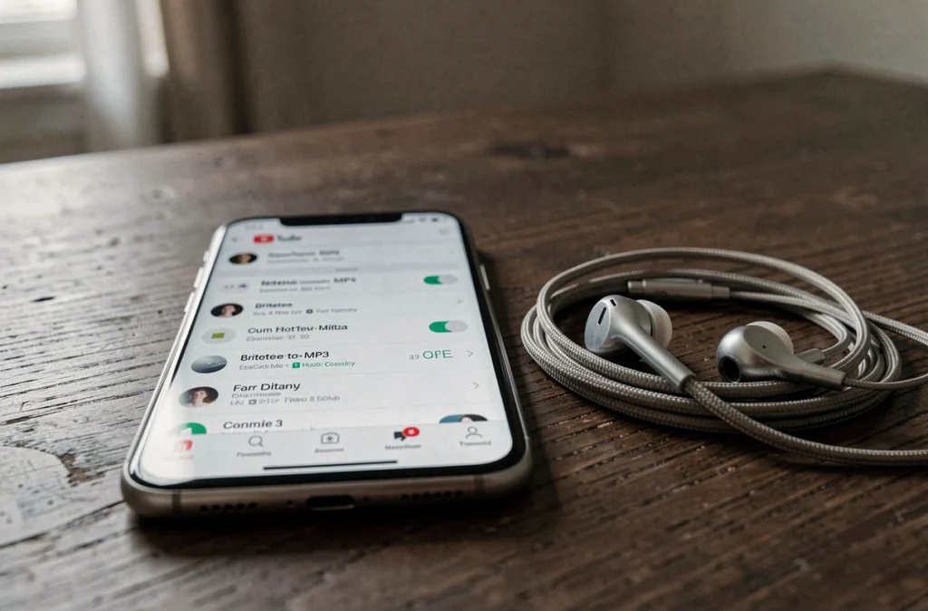Gros plan d'un smartphone affichant une application de conversion YouTube en MP3 avec réglages de débit binaire, posé sur une table en bois avec des écouteurs filaires