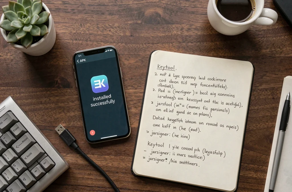 Bureau de développeur avec smartphone affichant une installation APK réussie et notes sur la signature d'application