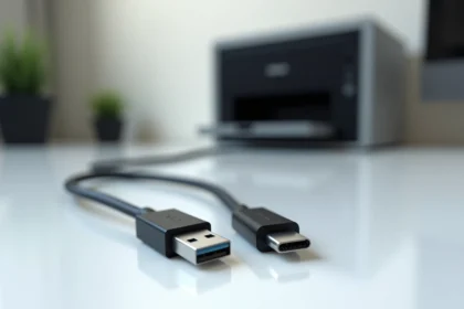 Câble USB B vers USB C posé sur un bureau blanc avec connecteurs bien visibles pour une connexion fiable