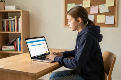 Collégienne consultant son emploi du temps sur l'ENT depuis son bureau à la maison