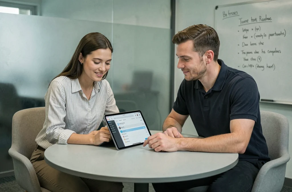 Deux collègues d'une petite entreprise consultant ensemble une boîte mail professionnelle sur une tablette en salle de réunion