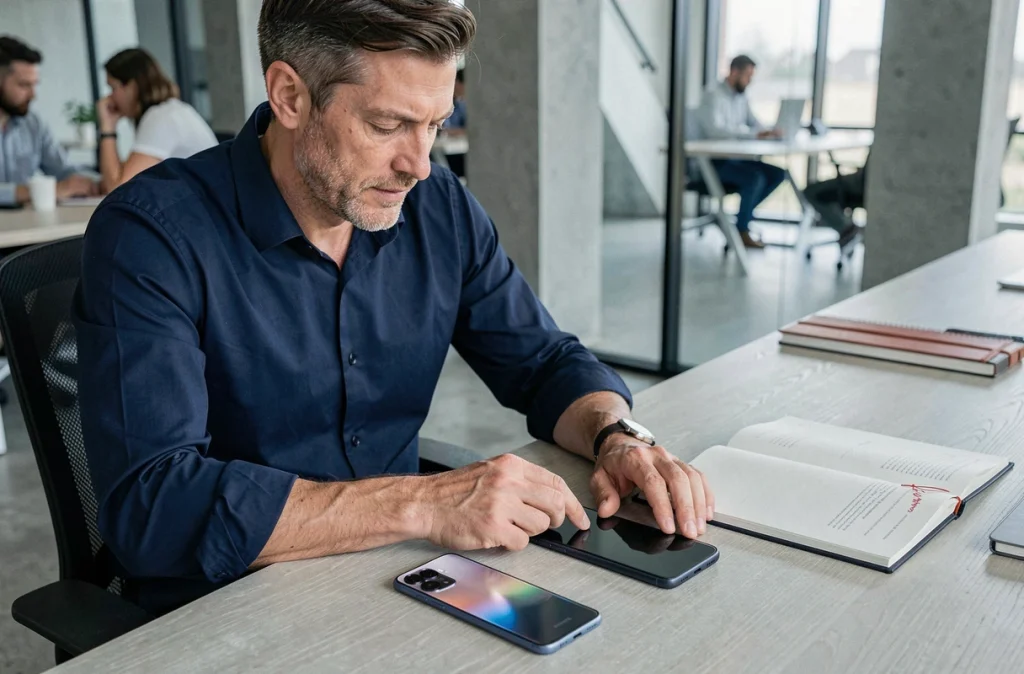 Comparaison de la taille du Samsung Galaxy S22 posé à côté d'un smartphone plus grand sur un bureau en open space, illustrant l'impact du format au quotidien