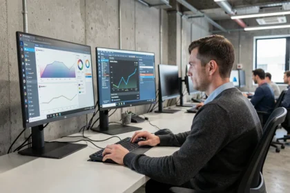 Ingénieur comparant les performances de Windows 11 et Windows 10 sur deux écrans dans un bureau moderne