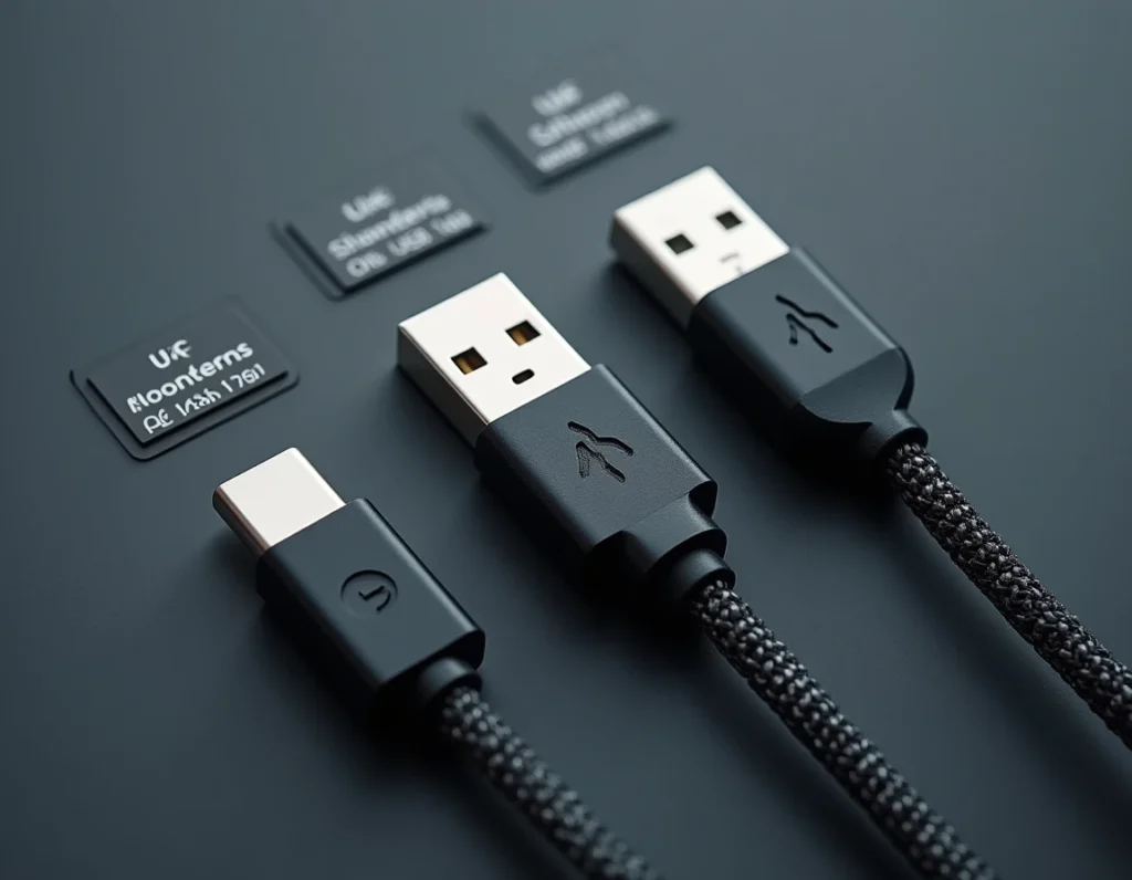 Comparaison de trois câbles USB B vers USB C de différentes qualités posés côte à côte sur fond ardoise