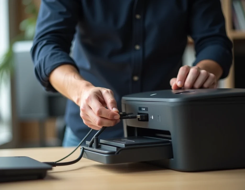 Homme branchant un câble USB B USB C sur une imprimante de bureau dans un espace de travail moderne