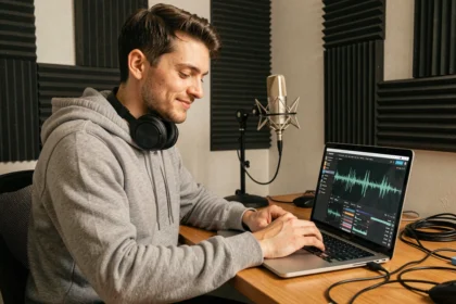 Homme portant un casque audio assis devant un ordinateur portable avec une interface de forme d'onde musicale, dans un studio maison avec mousse acoustique