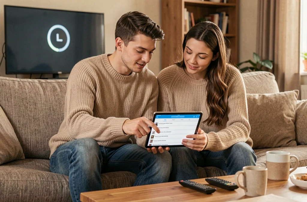 Couple cherchant des sites alternatifs de streaming sur une tablette dans leur salon