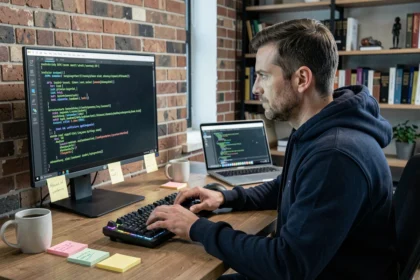 Développeur Android signant un fichier APK via un terminal de commandes sur un écran d'ordinateur