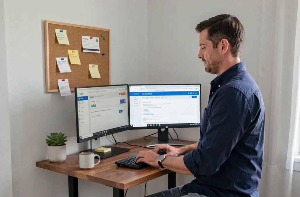 Entrepreneur masculin gérant ses emails d'entreprise depuis un bureau à domicile avec configuration double écran