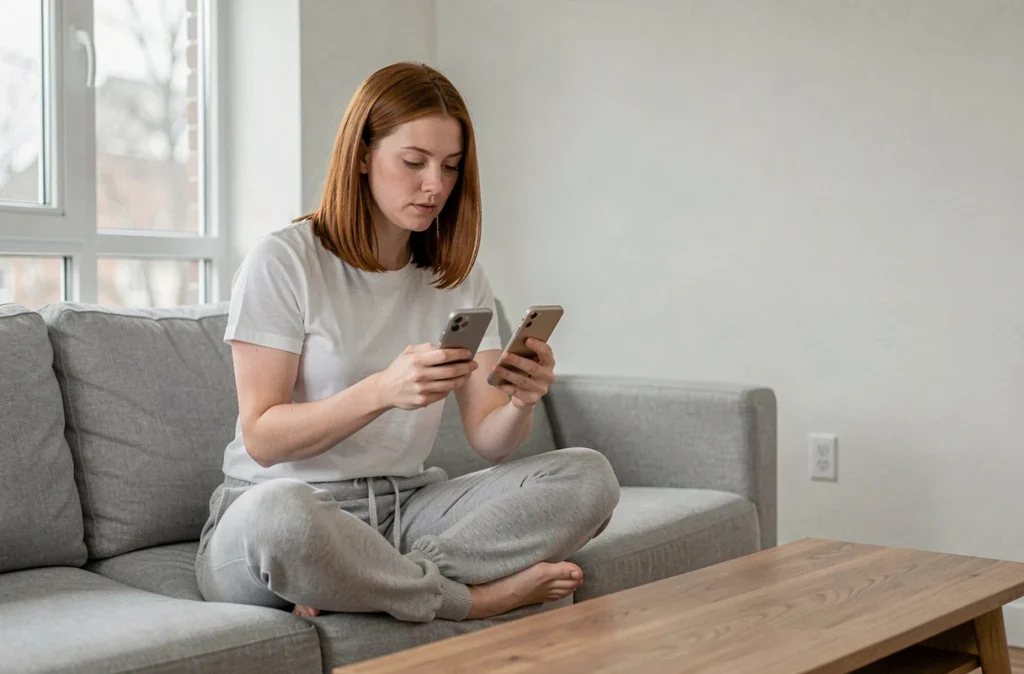 Femme comparant deux smartphones Samsung sur un canapé moderne avant la sortie du Galaxy S25