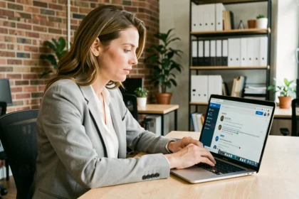 Femme professionnelle consultant ses emails professionnels sur un ordinateur portable dans un bureau de petite entreprise moderne