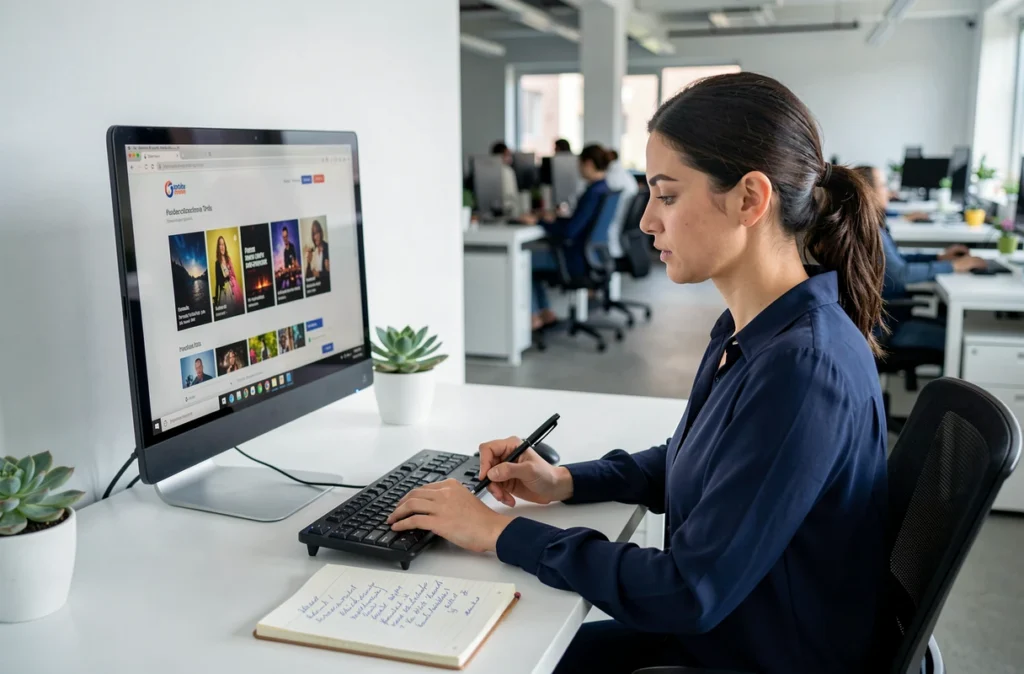 Femme cherchant des alternatives à un site de streaming sur son ordinateur au bureau