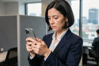 Femme professionnelle tenant un smartphone sécurisé dans un bureau moderne en 2026