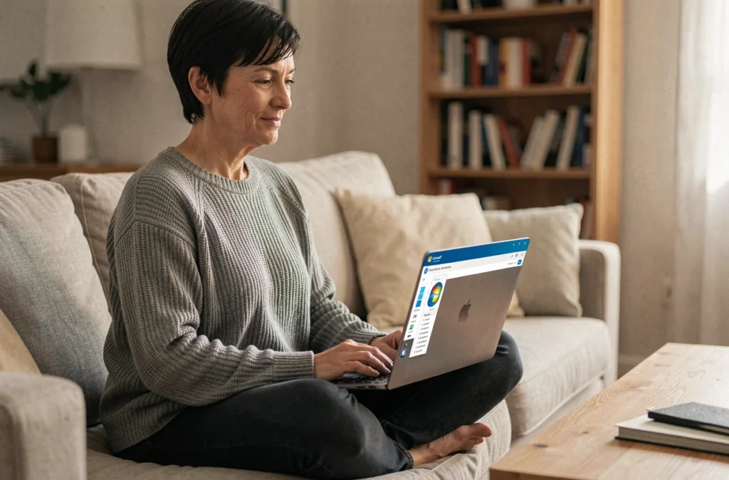Femme téléchargeant un fichier ISO Windows 7 64 bits depuis un site officiel sur un ordinateur portable dans un salon moderne