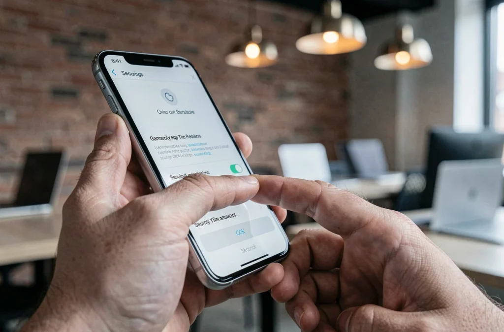 Gros plan de mains utilisant les paramètres de sécurité d'un smartphone haut de gamme
