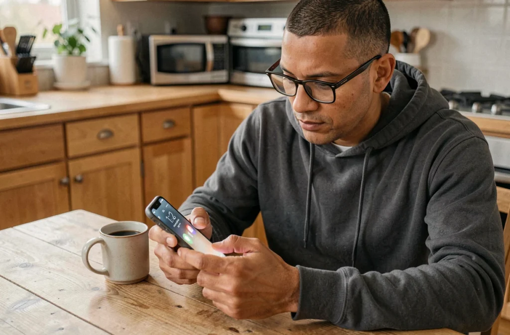 Homme utilisant un smartphone sécurisé à domicile pour protéger ses données personnelles
