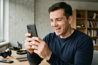 Homme tenant un smartphone Samsung Galaxy et découvrant les nouvelles fonctionnalités du S25 en 2026
