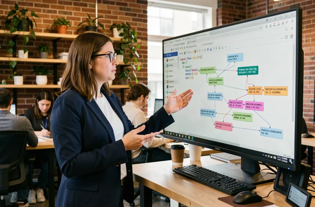 Ingénieure data analysant un graphe de dépendances Python avec des conflits de versions visibles sur un grand écran dans un espace de coworking