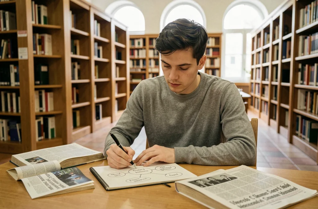 Jeune homme pensif dans une bibliothèque publique essayant d'organiser des informations contradictoires dans un carnet avec une carte mentale