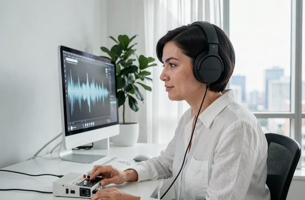 Femme écoutant de la musique avec un casque studio branché à une interface audio devant un grand écran affichant un spectre audio