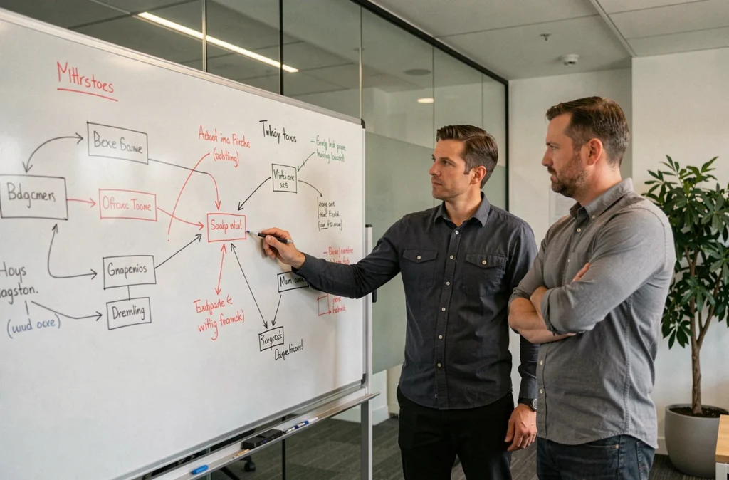 Deux professionnels en réunion devant un tableau blanc couvert de schémas et d'annotations lors d'un atelier d'analyse de l'information