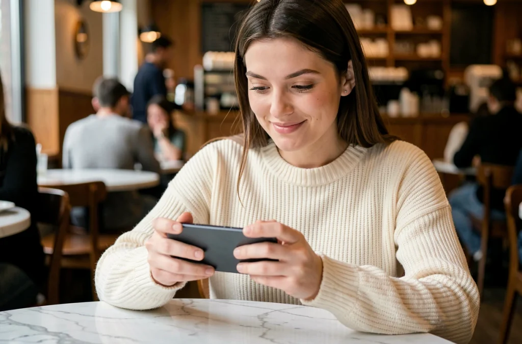 Femme jouant à un jeu mobile sur un Samsung Galaxy S22 tenu en mode paysage dans un café, illustrant l'expérience gaming sur ce format compact