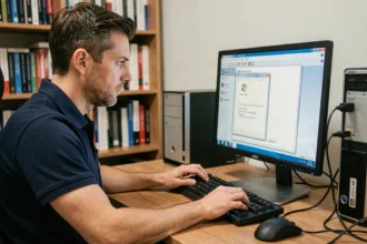 Technicien informatique installant Windows 7 64 bits depuis une clé USB sur un ordinateur de bureau dans un bureau à domicile organisé