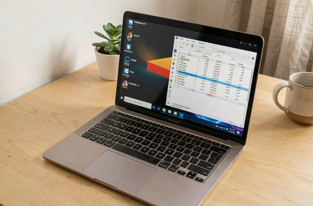Ordinateur portable affichant un test de performance comparatif entre Windows 11 et Windows 10 sur un bureau minimaliste