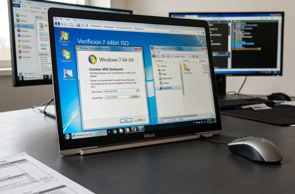 Écran d'ordinateur affichant la vérification d'intégrité d'un ISO Windows 7 64 bits avec un outil de checksum MD5 sur un bureau professionnel