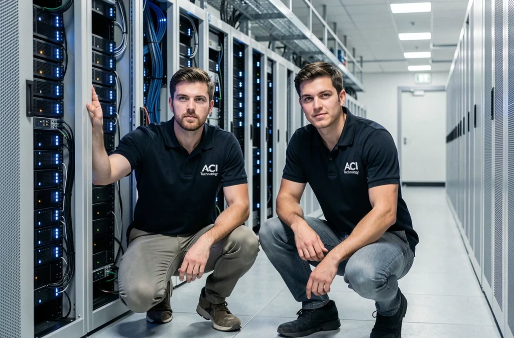 Techniciens d'ACI Technology travaillant sur des serveurs dans un datacenter à Toulouse