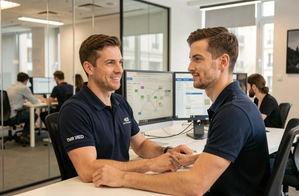 Technicien informatique d'ACI Technology travaillant sur des écrans affichant des cartes réseau dans un bureau parisien moderne