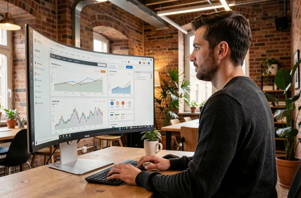 Consultant digital d'Actency analysant des données web sur un grand écran incurvé dans un bureau parisien de type startup