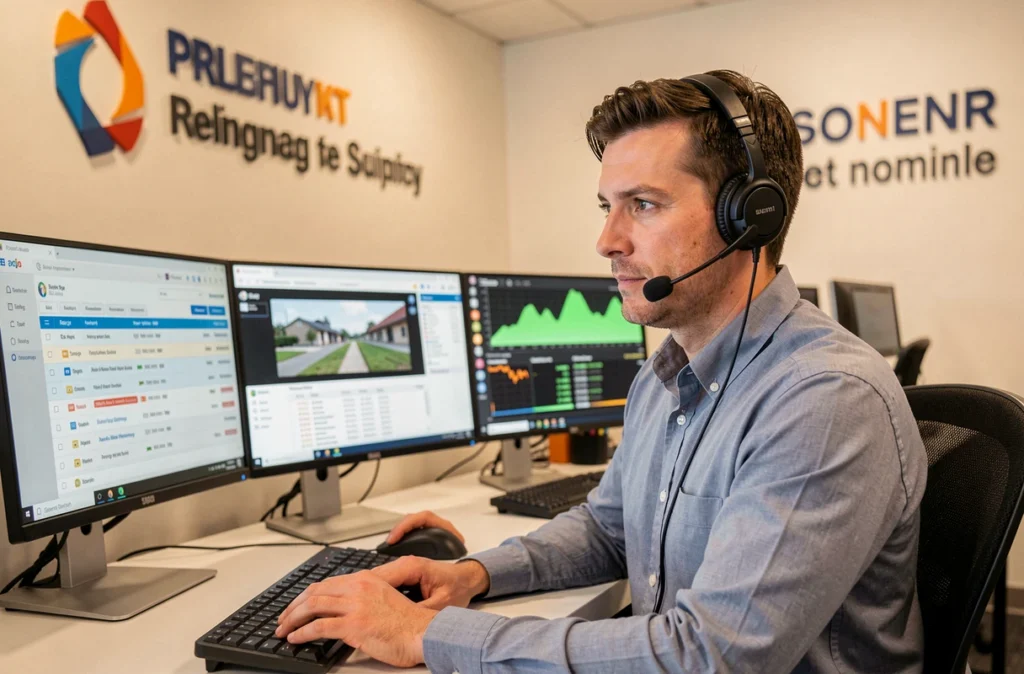 Technicien support informatique d'ALLOHOUSTON portant un casque et gérant des tickets d'assistance à distance