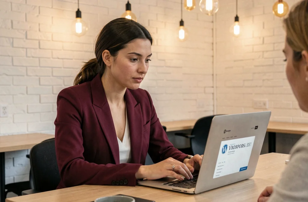 Chef de projet de l'agence Atecna présentant un site WordPress à un client dans un espace de co-working