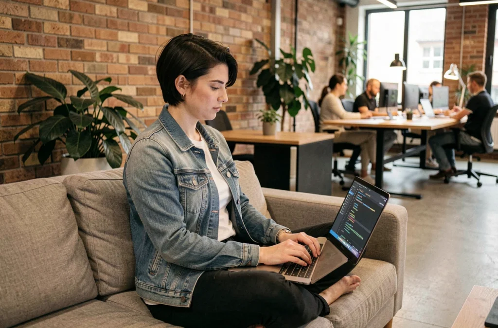 Développeuse de Bluesoft Group codant dans un espace de travail créatif à Toulouse