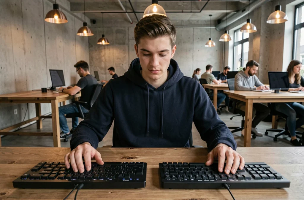 Jeune homme comparant un clavier AZERTY et un clavier QWERTY côte à côte dans un espace de coworking