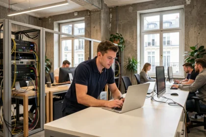 Technicien informatique parisien travaillant sur un laptop dans un bureau moderne avec vue sur les toits de Paris