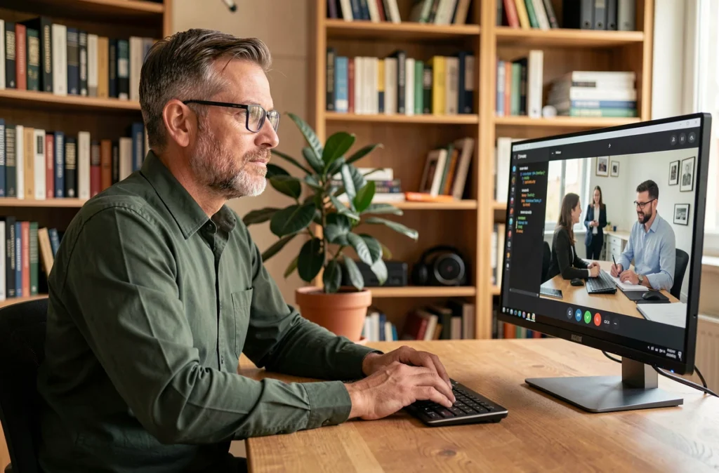 Consultant de Devethique en visioconférence dans un bureau éthique et organisé à Toulouse