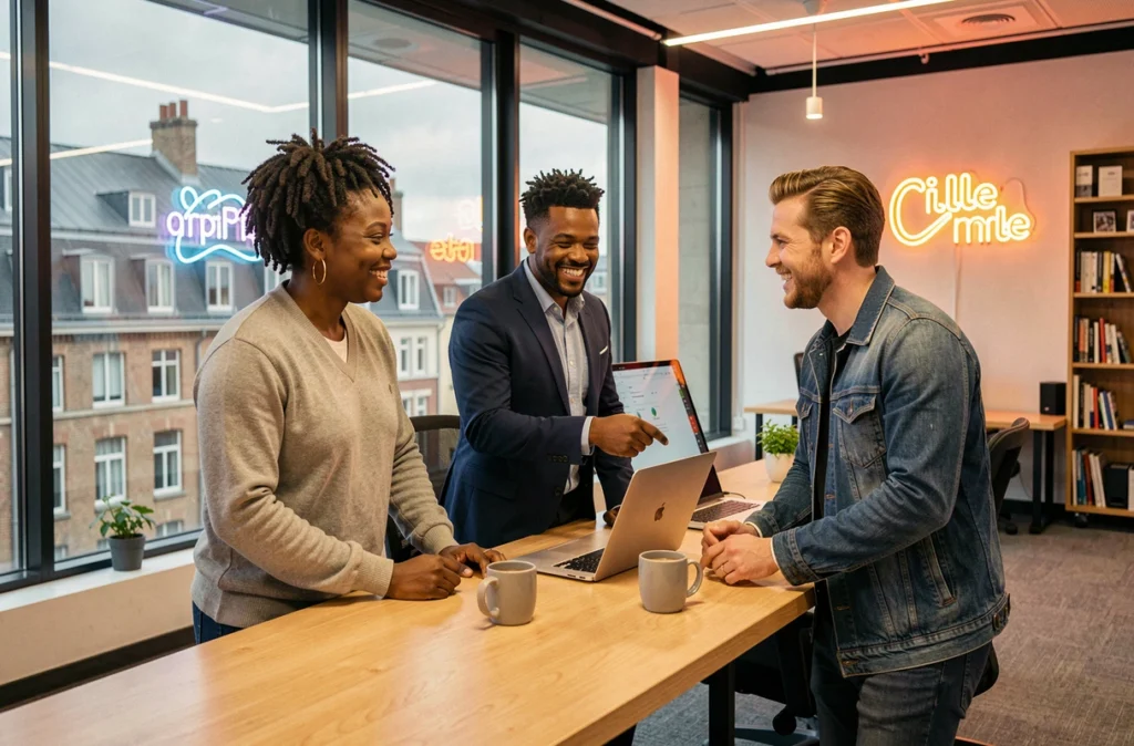 Équipe de l'agence Digitalille dans leurs bureaux lillois avec vue sur les toits de la ville