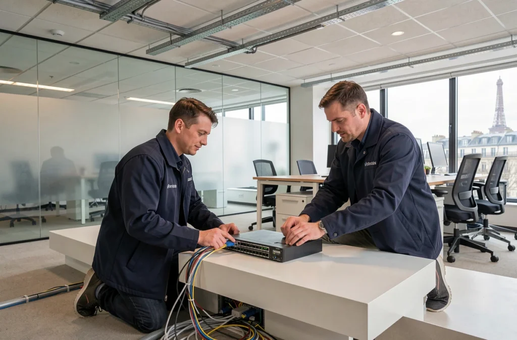 Deux techniciens Dioki Technologies installant une infrastructure réseau dans un bureau d'entreprise parisien