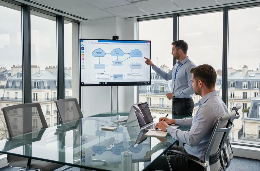 Deux consultants de Dropteam analysant un schéma d'infrastructure cloud lors d'une réunion dans un bureau parisien