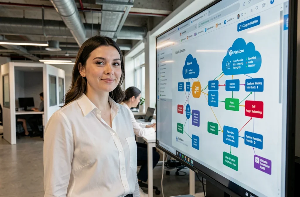 Architecte cloud d'ELVACloud présentant une architecture de services cloud sur un écran dans un bureau technologique moderne