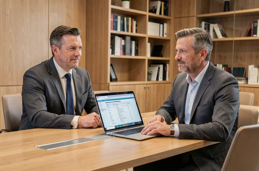 Consultant senior d'Euro Tech Conseil présentant un contrat de maintenance informatique à un client en salle de réunion