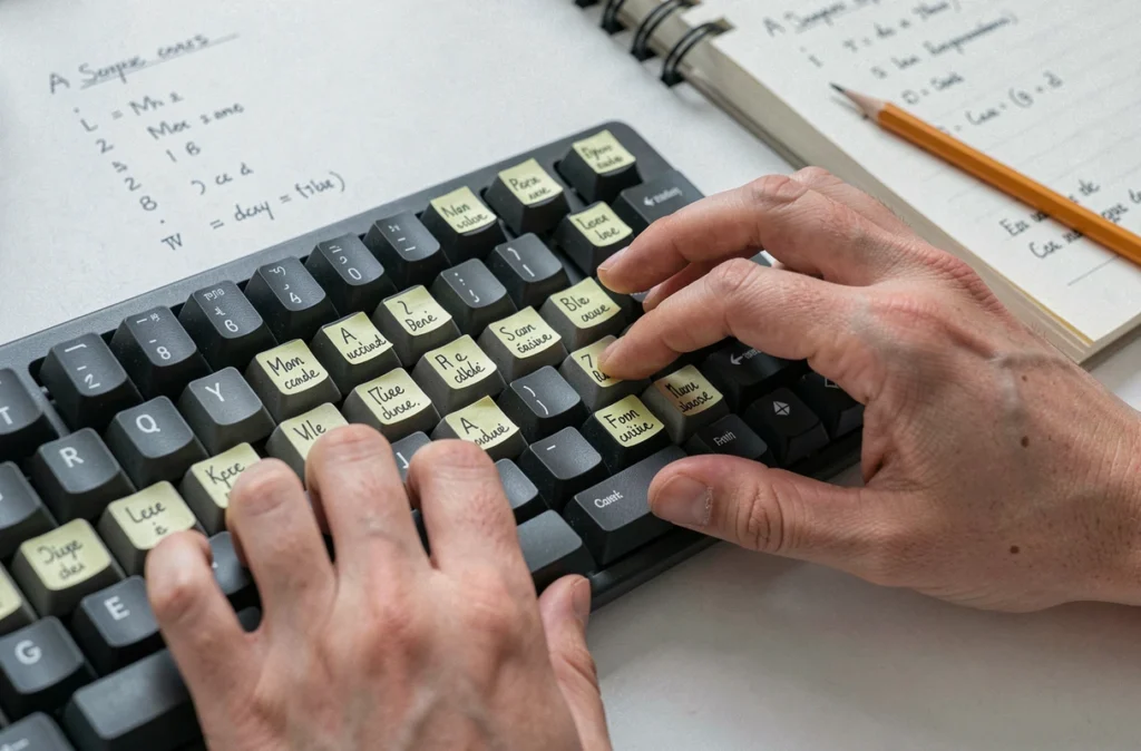 Gros plan de mains sur un clavier QWERTY avec des étiquettes manuscrites pour faciliter la transition depuis un clavier AZERTY