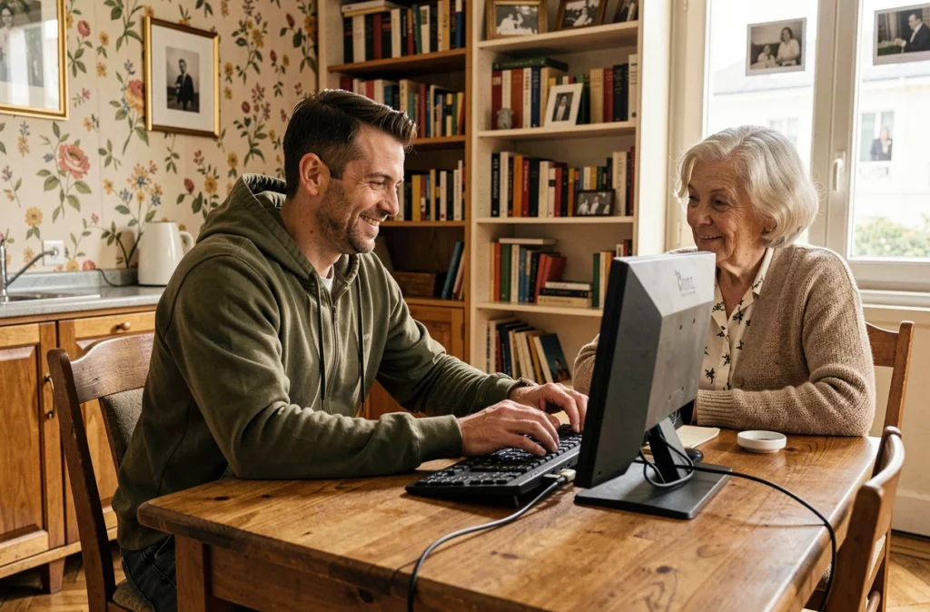 Technicien Jaiunsouci.com intervenant à domicile chez une cliente parisienne pour réparer son ordinateur