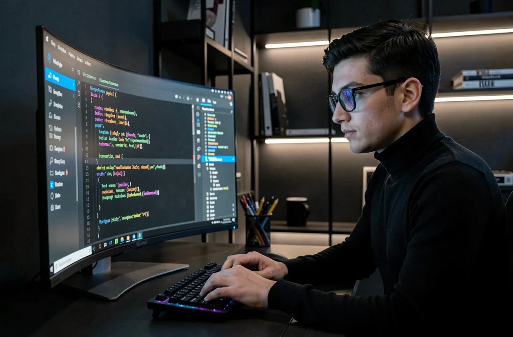 Développeur de l'agence Keblow codant sur WordPress avec un éditeur Gutenberg sur écran incurvé