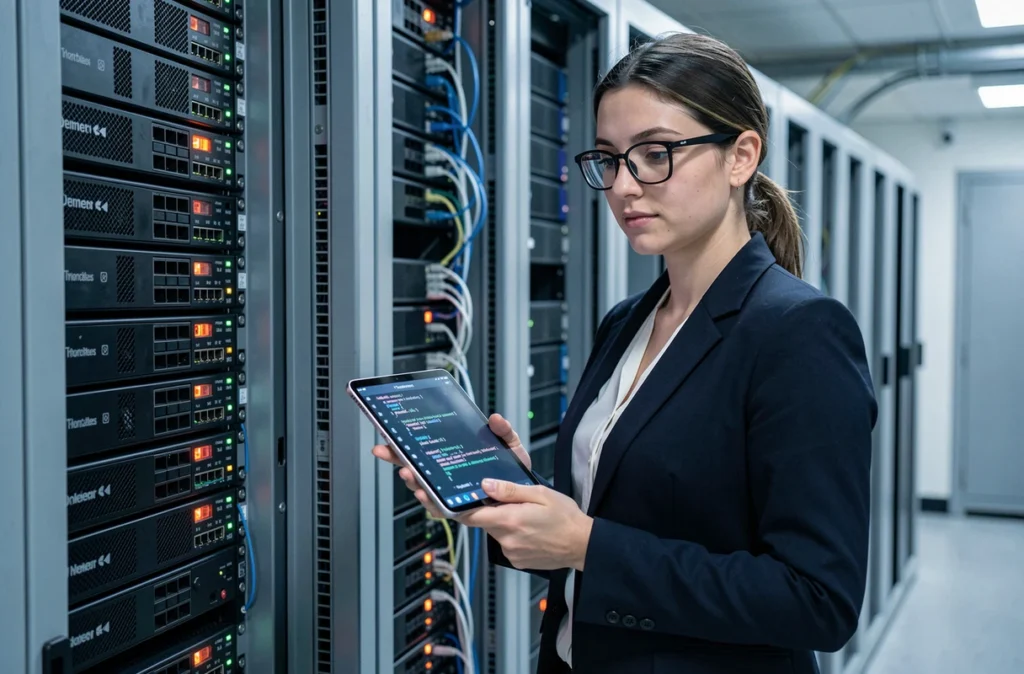 Ingénieure réseau de Kernix configurant des équipements réseau dans une salle serveur professionnelle